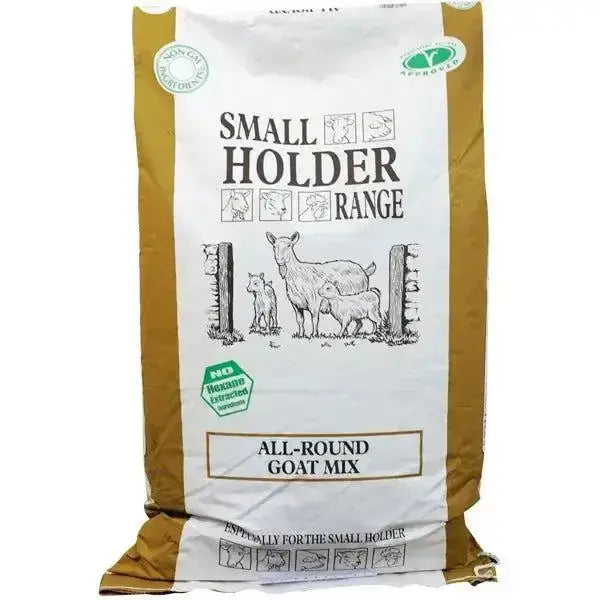 A white and tan bag of allen and page smallholder all-round goat mix with non gmo and no hexane extraction labels