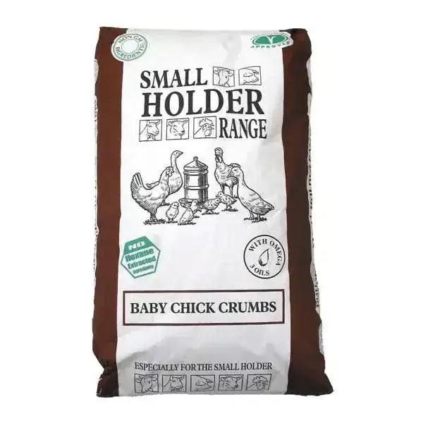 Brown and white bag of Allen & Page smallholder range baby chick crumbs drug free for healthy chick growth