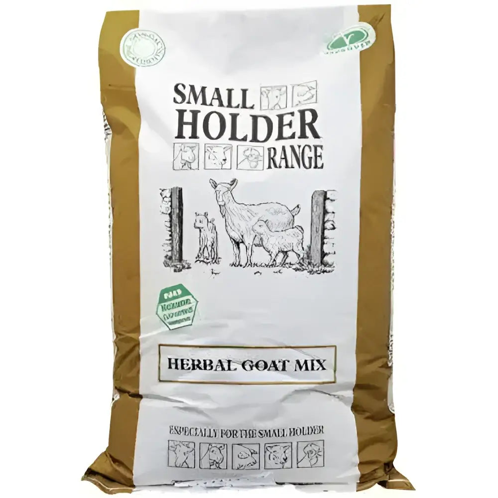 A brown and white bag of allen and page small holder goat herbal mix with black and white goat illustration