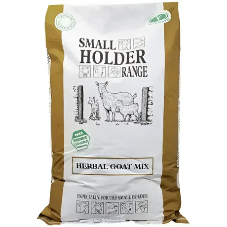 A brown and white bag of allen and page small holder goat herbal mix with black and white goat illustration