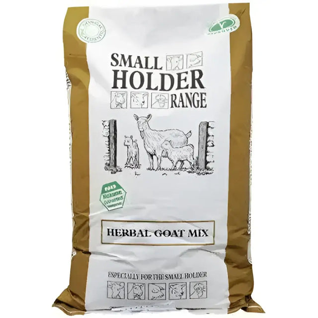 A brown and white bag of allen and page small holder goat herbal mix with black and white goat illustration
