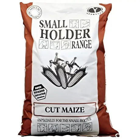 A white and brown bag of allen and page smallholder range cut maize labeled for smallholders and livestock feed