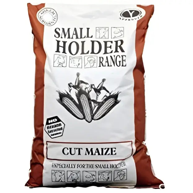 A white and brown bag of allen and page smallholder range cut maize labeled for smallholders and livestock feed