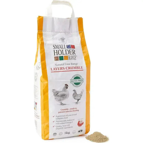 A 5kg bag of allen & page free range layers range layers crumble with white and orange design and chicken illustrations