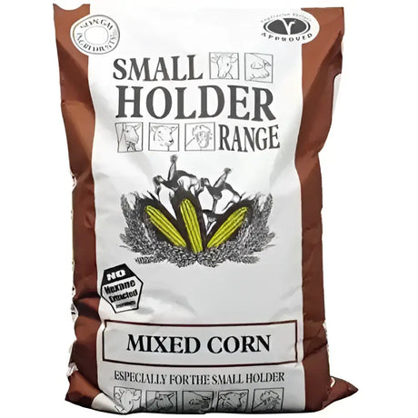 Brown and white bag of Allen & Page smallholder range mixed corn with yellow cobs and livestock for good strong egg shells