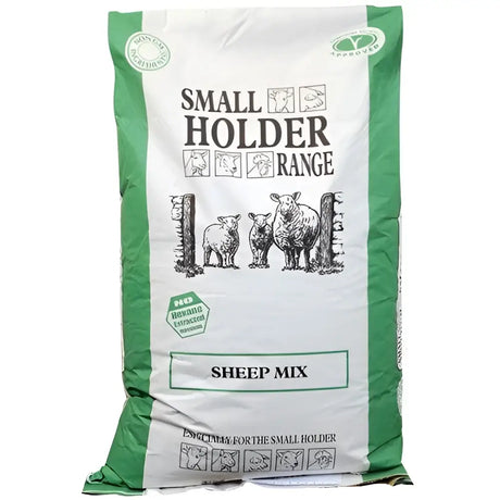 Green and white bag of allen and page smallholder range sheep mix feed with black and white sheep illustration