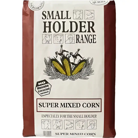 A beige and maroon bag of allen & page super mixed corn feed with non-gm maize and farm animal illustrations
