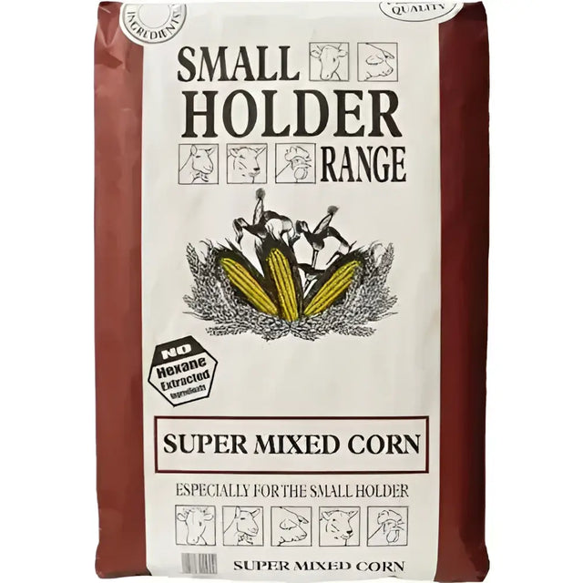 A beige and maroon bag of allen & page super mixed corn feed with non-gm maize and farm animal illustrations