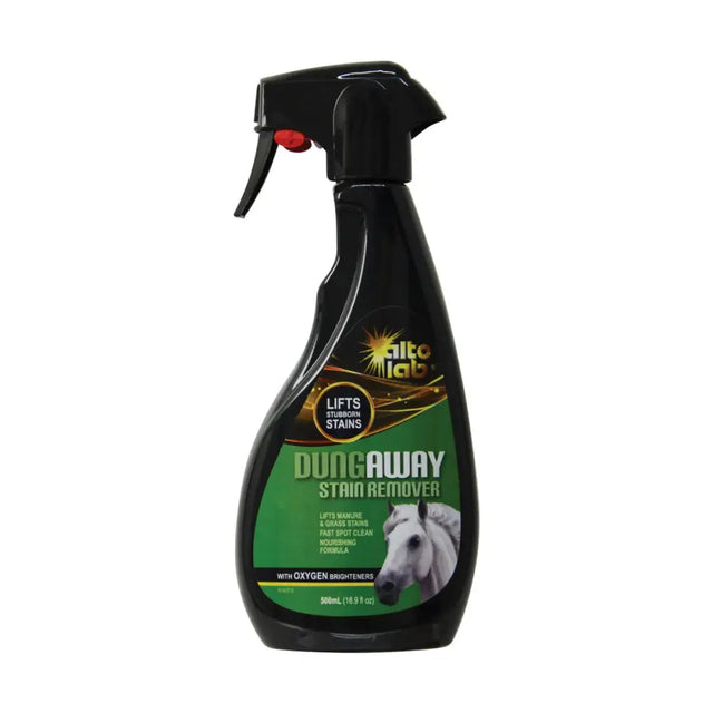 Black spray bottle of alto lab dung away stain remover with green label featuring horse head for effectively eliminating urine and grass stains