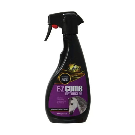 Black plastic spray bottle with purple label showing alto lab e-z comb detangler for ultimate condition care