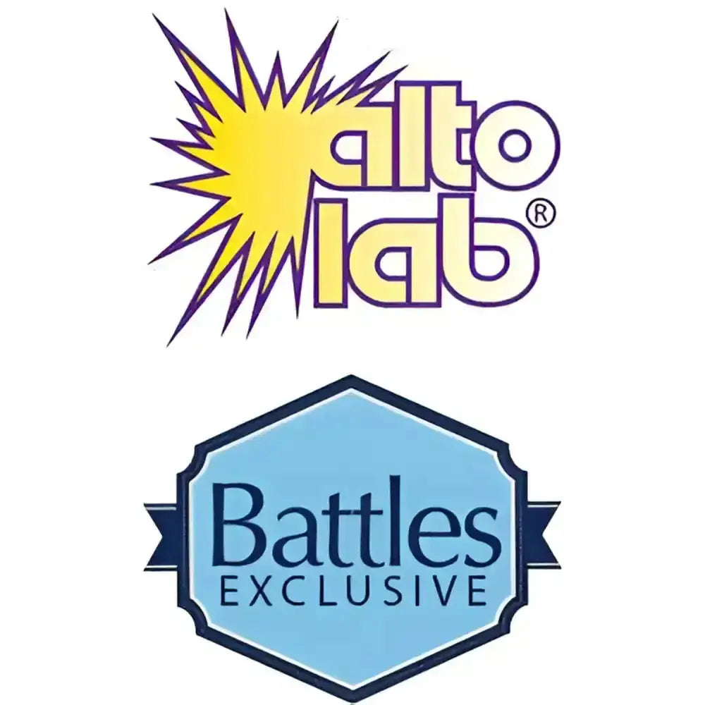 Alto lab alto light logo with yellow purple starburst and battles exclusive in dark blue text on light blue hexagon emblem