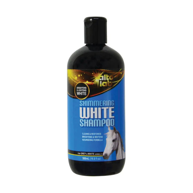 A black bottle of alto lab shimmering white shampoo with a blue label featuring white text and a horse image