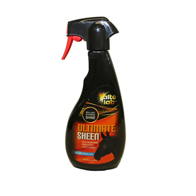 Black spray bottle with red trigger and orange label featuring alto lab ultimate sheen for winning shine on horse coats