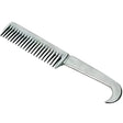 Silver aluminium hoof pick and mane comb with curved handle and evenly spaced teeth for horse grooming combs