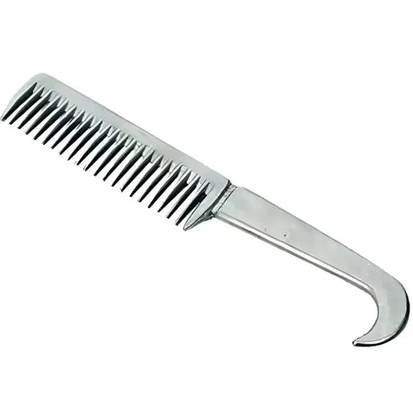 Silver aluminium hoof pick and mane comb with curved handle and evenly spaced teeth for horse grooming combs