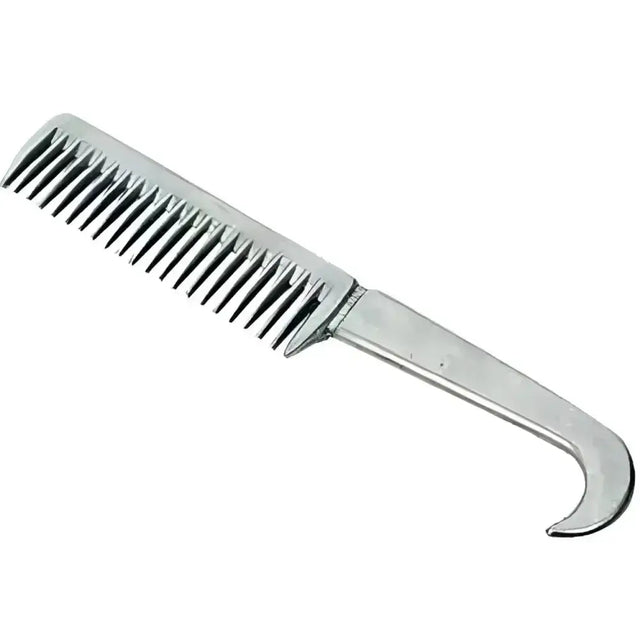 Silver aluminium hoof pick and mane comb with curved handle and evenly spaced teeth for horse grooming combs