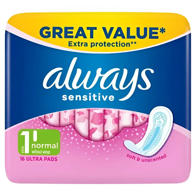 Always sensitive normal ultra pads in pink and blue floral packaging designed for sensitive normal use
