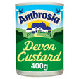 A vibrant green and blue 400g can of ambrosia custard perfect for tasty treats after equestrian rides or horses events