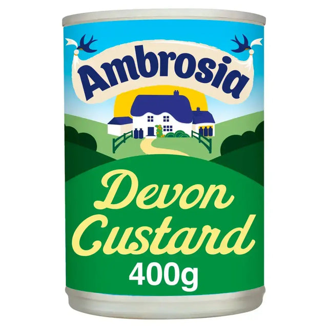 A vibrant green and blue 400g can of ambrosia custard perfect for tasty treats after equestrian rides or horses events