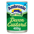 Ambrosia devon custard in a 400g cylindrical tin with a green and blue label showing a countryside scene