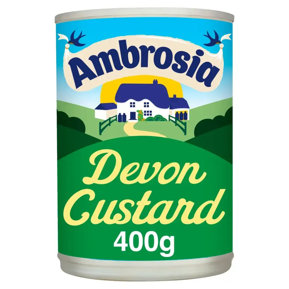 Ambrosia devon custard in a 400g cylindrical tin with a green and blue label showing a countryside scene
