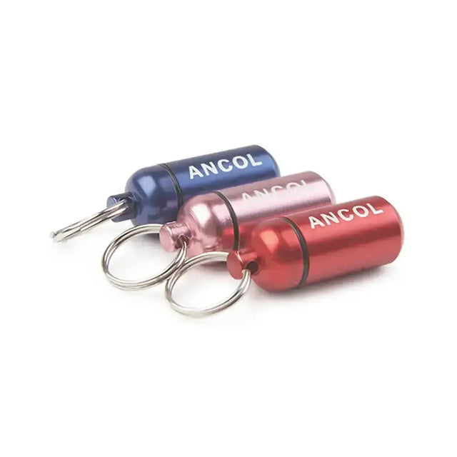 Three ancol aluminium dog id tube dog toys in blue pink and red metallic finishes with silver key rings