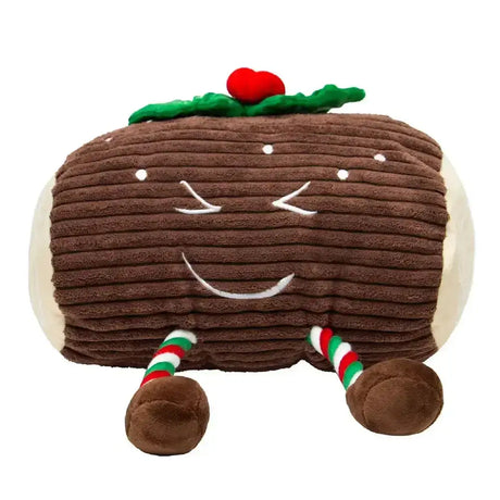Cute brown corduroy plush toy shaped like a christmas pudding with candy cane legs and holly berries ann yule log