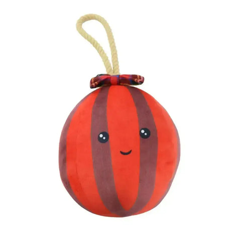 A plush colourful ancol barry bauble dog toy with red stripes, button eyes, stitched smile, and rope handle