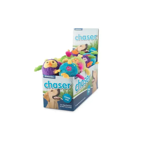 Colorful plush ancol bouncing flower birds dog toys with vibrant patterns and soft fabric in display box