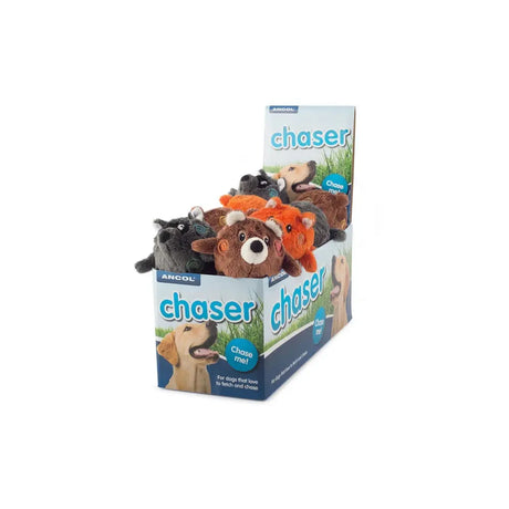 A collection of colorful plush dog toys including a brown bear with white accents from ancol bouncing woodland friends