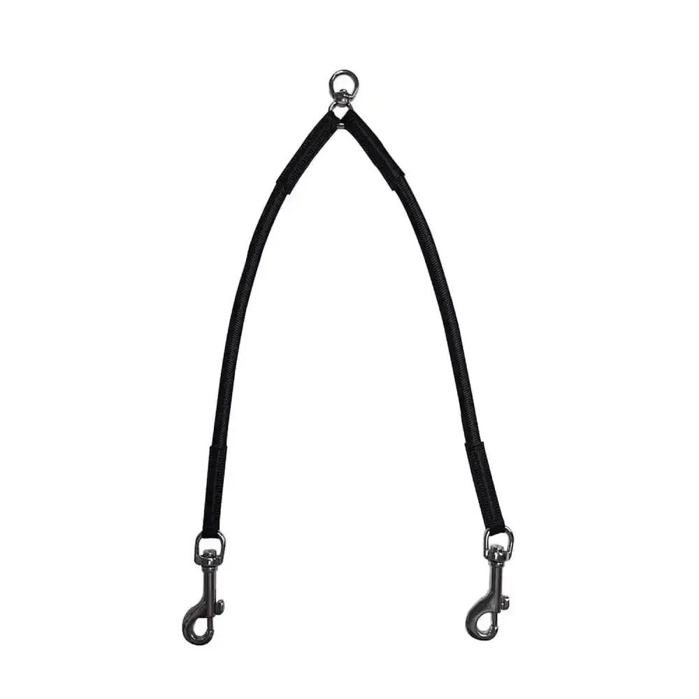Black ancol bungee coupler dog toy with dual-leash harness, metal hardware, and adjustable clips for easy control