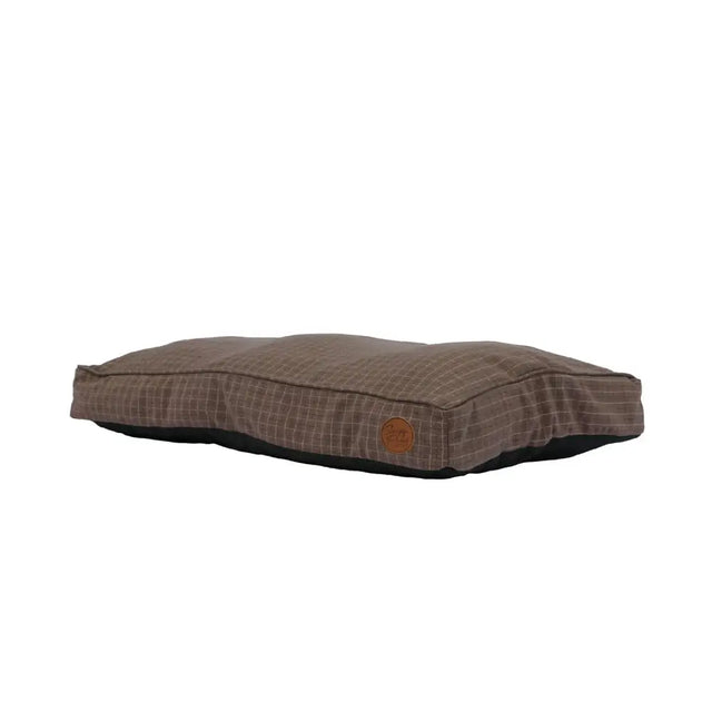 Brown checkered ancol check mattress bed brown check with black underside and small leather patch on the side
