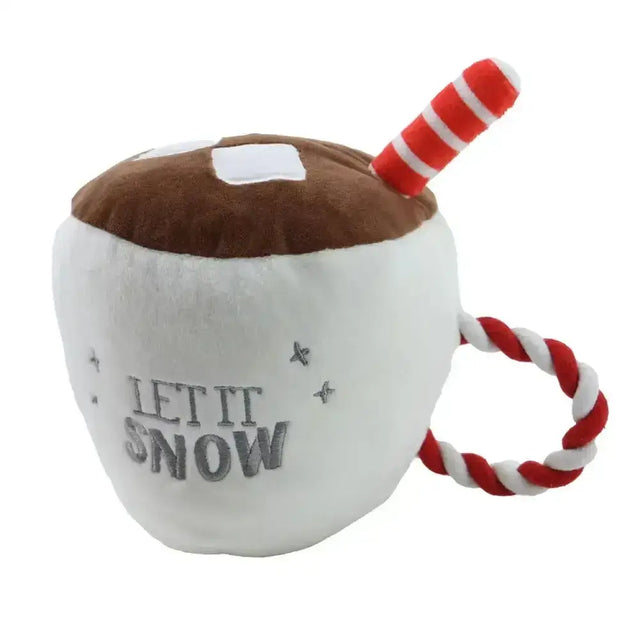 White plush ancol chloe’s christmas cup dog toy with red candy cane handle and let it snow embroidery