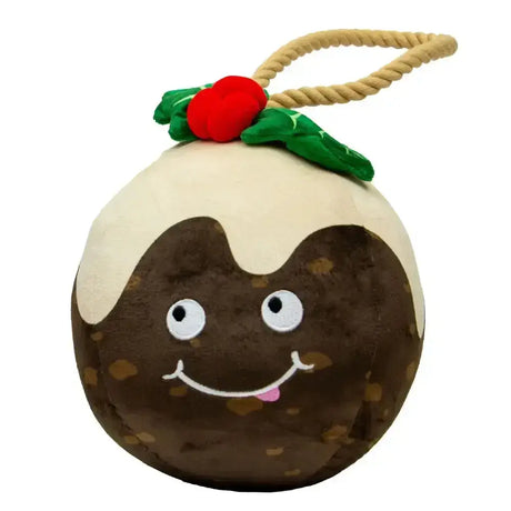 Plush ancol colin christmas pudding toy with brown fabric body white icing top and red cherry on green holly leaves