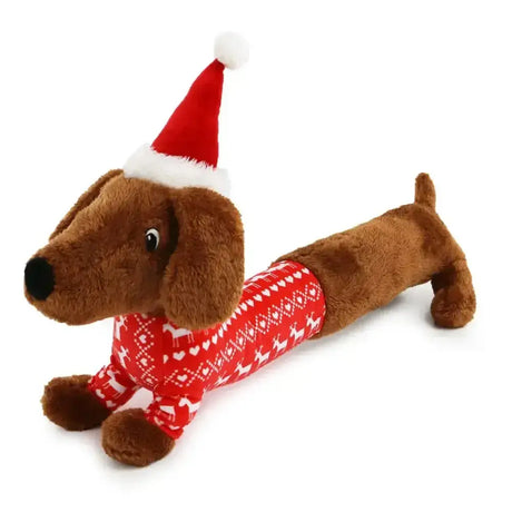 Brown plush ancol daschund wearing red and white santa hat and festive pajamas perfect for equestrian horse lovers
