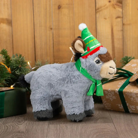 Ancol dominic gray plush donkey wearing a festive green and red elf hat and scarf perfect for equestrian horse lovers