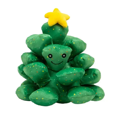 An ancol douglas fir plush green cactus-shaped christmas tree with a yellow star and embroidered face features