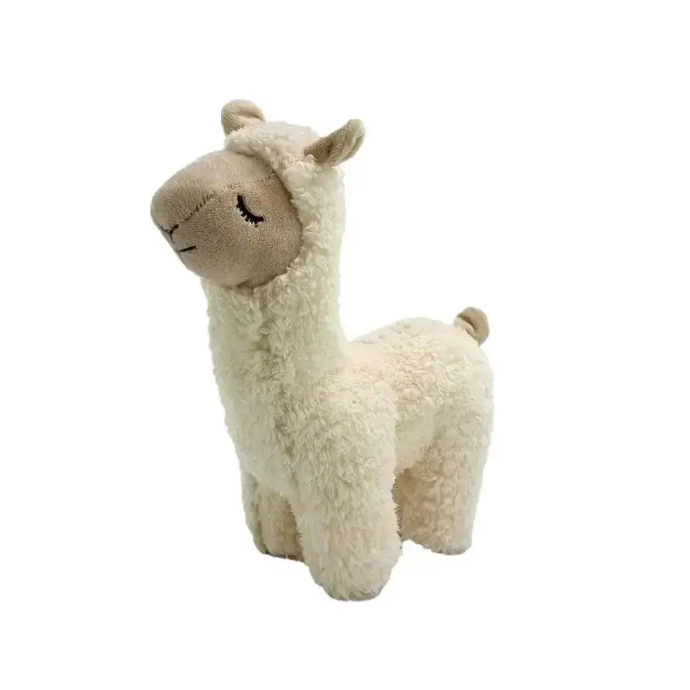 Cute cream-colored plush ancol drama llama dog toy with soft fluffy texture and embroidered facial features