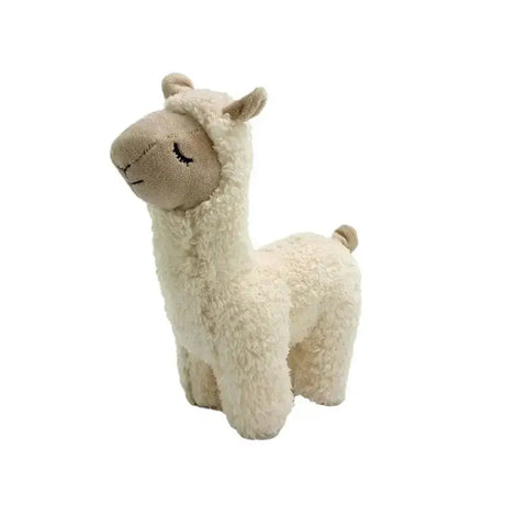 Cute cream-colored plush ancol drama llama dog toy with soft fluffy texture and embroidered facial features
