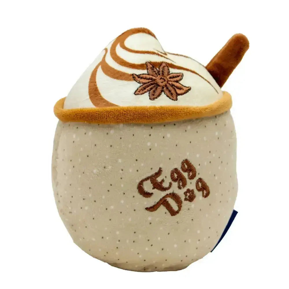 Cream-colored plush ancol egg dog shaped like a coffee cup with brown swirls star anise embroidery and egg dog logo