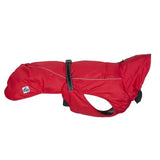 Red waterproof ancol extreme blizzard dog coat with black straps and white reflective stitching for cold weather