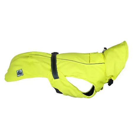 Bright neon yellow waterproof ancol extreme blizzard dog coat with black straps and reflective trim for safety
