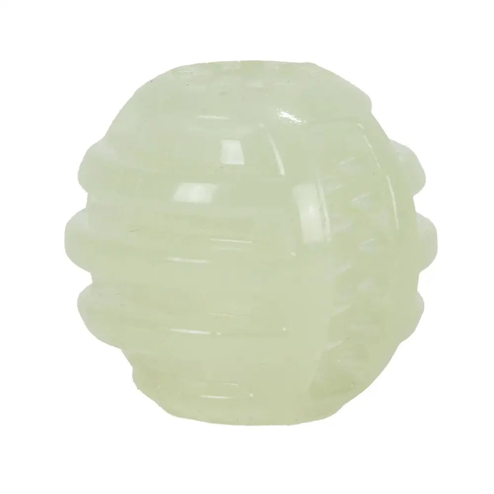 Ancol extreme glow dark ball dog toy in translucent pale green with a ribbed textured surface for easy play