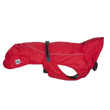 Red ancol extreme monsoon waterproof dog coat with black straps and reflective stitching for wet weather conditions