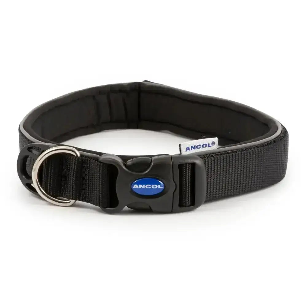 Black ancol extreme ultra padded collar with sturdy plastic buckle and silver metal ring for secure fit