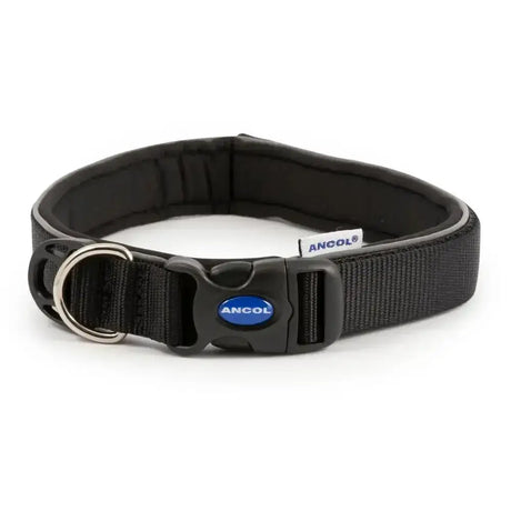 Black ancol extreme ultra padded collar with sturdy plastic buckle and silver metal ring for secure fit