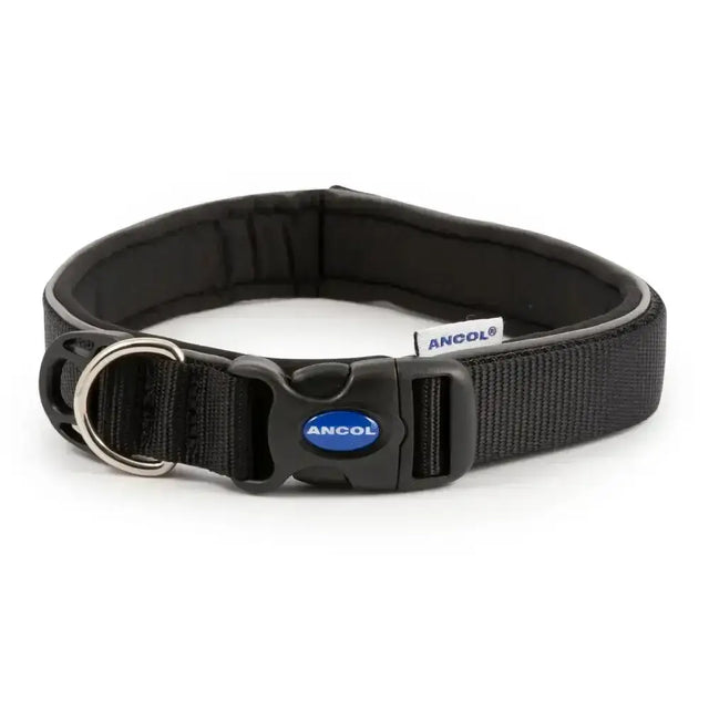 Black ancol extreme ultra padded collar with sturdy plastic buckle and silver metal ring for secure fit