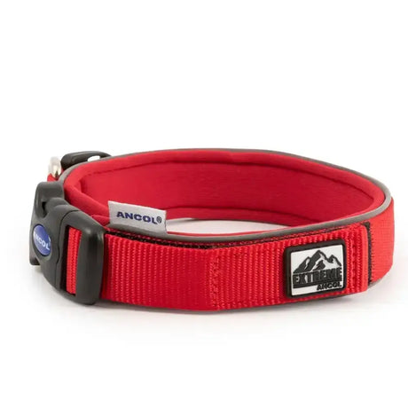 Red nylon extreme ultra padded dog collar with black buckle and reflective strip from ancol extreme ultra series