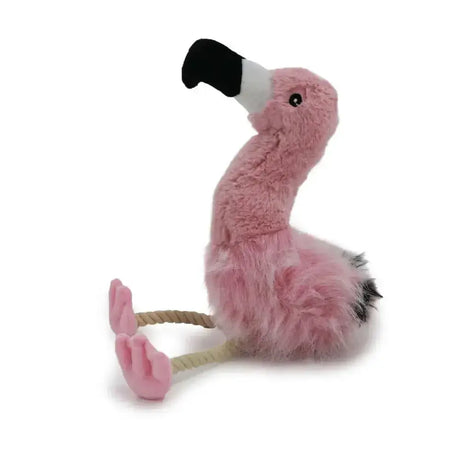 Ancol fluffy flamingo pink plush dog toy with black and white beak pink feet and rope tail for dogs to play with