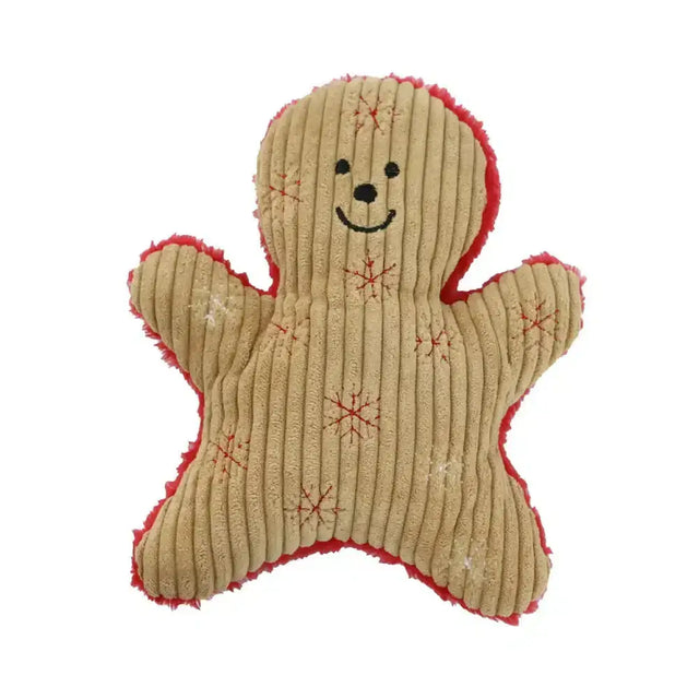 A beige corduroy ancol ginger george gingerbread man dog toy with red trim and embroidered snowflake patterns